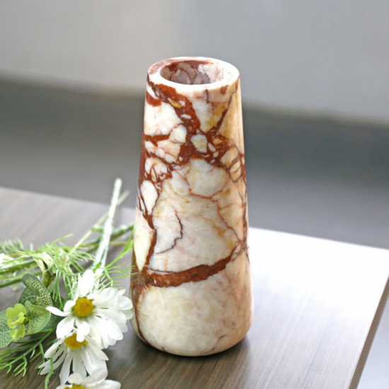 RF-Calacatta Red Marble Tapered Vase, Solid Polished Natural Stone Table Vase for Dried Floral Home Decor