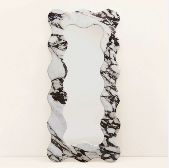 RF-Wavy Natural Marble Full Length Mirror, French Retro Scalloped Full Body Floor Mirror for Home Decor